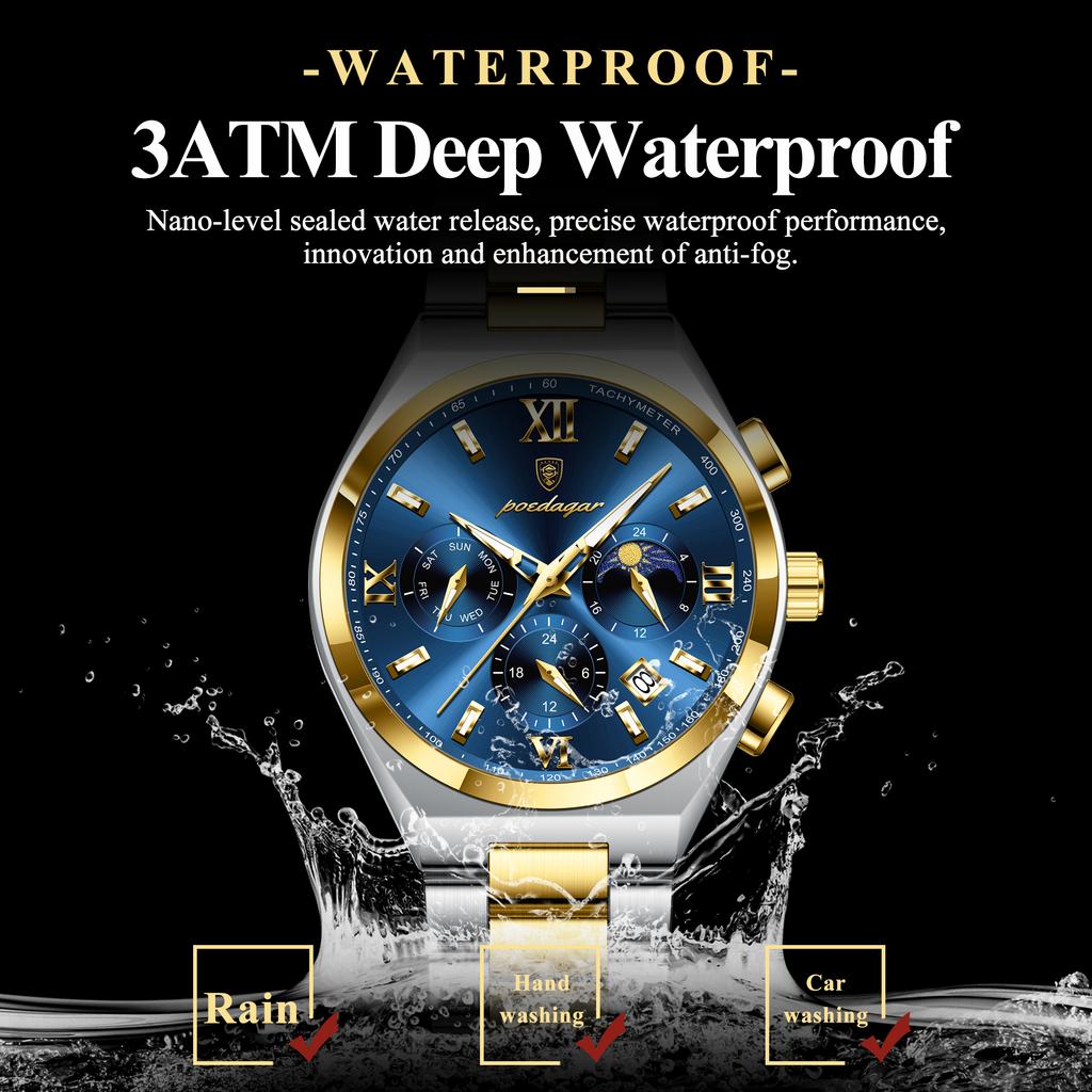 POEDAGAR Original Sport Man Wristwatch Luminous Week Date Luxury Watch For Men Stainless Steel Quartz Men's Watches