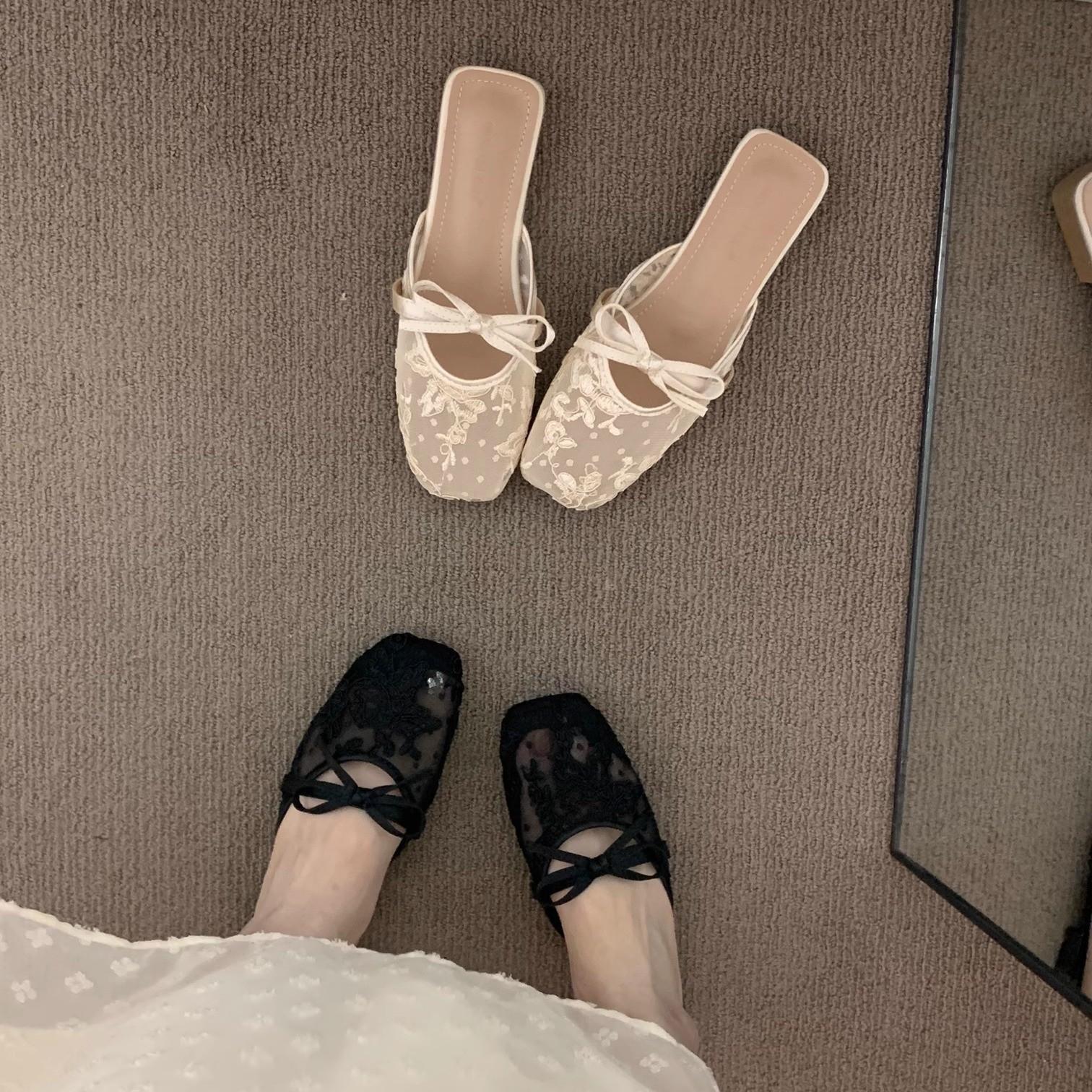 

Niche nude with skirt bag head sandals female gentle fairy half slippers 35