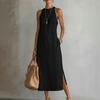 Vestito estivo da donna senza maniche con girocollo, tunica, vestito canotta, casual, ampio, boho, da spiaggia, con spacco laterale, abito estivo