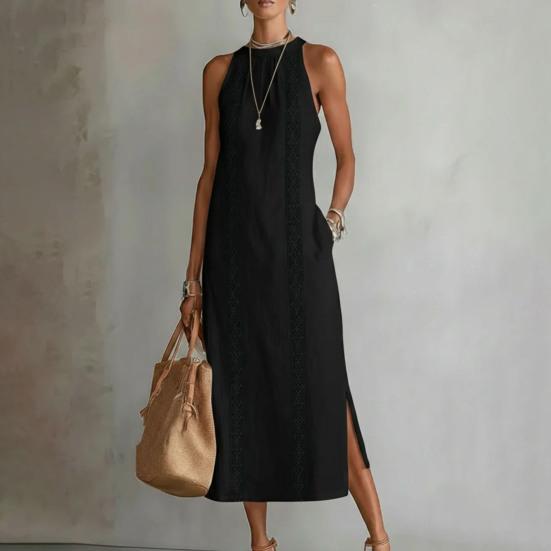 Vestito estivo da donna senza maniche con girocollo, tunica, vestito canotta, casual, ampio, boho, da spiaggia, con spacco laterale, abito estivo