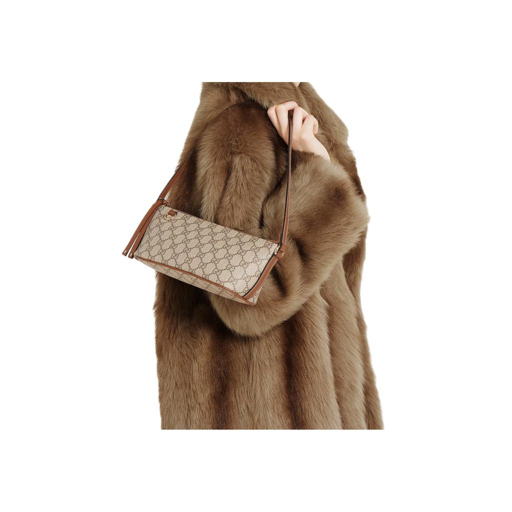 Gucci Torebka na ramię z emblematem GG, jasne złote okucia, tkanina powlekana, mała, damska, beżowo-brązowa, 847281-FAEUC-9758