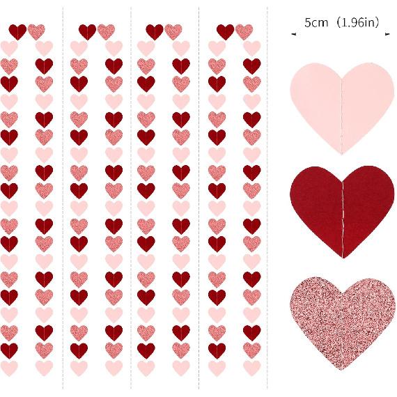 Rose-Gold Pink Burgundy-Red Party-Decorations Garland - 52Ft Heart Paper Streamers Banner, Valentines Mothers Day Bachelorette Bridal Shower