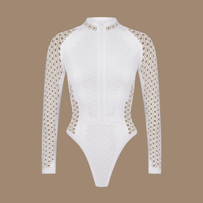 Costume da bagno sexy da donna 2025, nuovo, bianco, con cerniera, in rete, a maniche lunghe, da surf, da spiaggia, monokini, da bagno, intero.