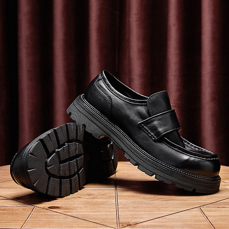 Premium Soft Cowhide Heightened Platform Loafers British Summer Casual Leather Shoes Genuine Leather One-Pedal Commuter Men'S Shoes