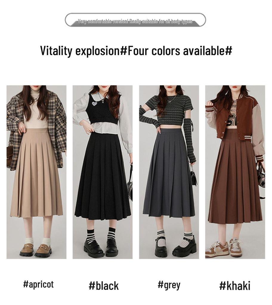 Gray Korean-Style High-Waisted Pleated Midi Skirt for Petite Women: Spring/Autumn A-Line Umbrella Design