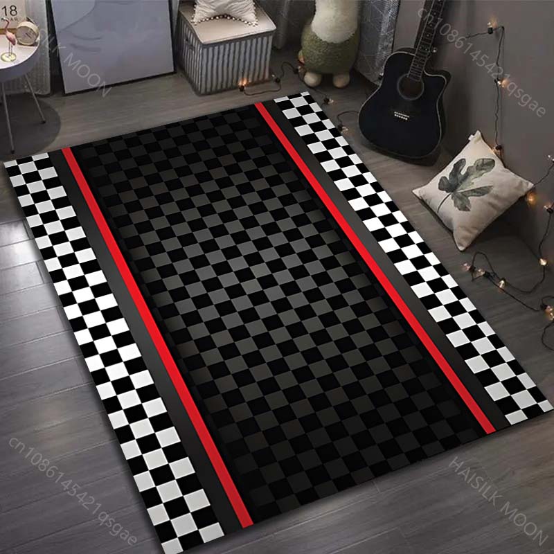 1 Stück Rennstrecke Schwarz-Weiß Karomuster Teppich für Schlafzimmer Wohnzimmer Bettseite Sofa Bodenmatte Moderne Heimdeko Bereichsteppich