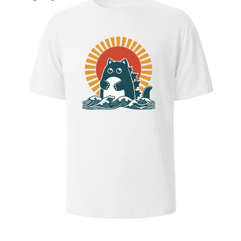 Cat Printed Soft Cotton Mens Tee Lightweight Breathable Minimalist Round Neck Design Comfortable Loose Fit Mens T-shirt