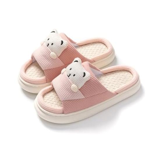 [Minesam] Room Shoes, Women s Slippers, Linen, Thick Sole Slippers, Bear Pattern, Cute, Indoor Shoes, Non-slip, Open Front, Spring, Summer, Autumn