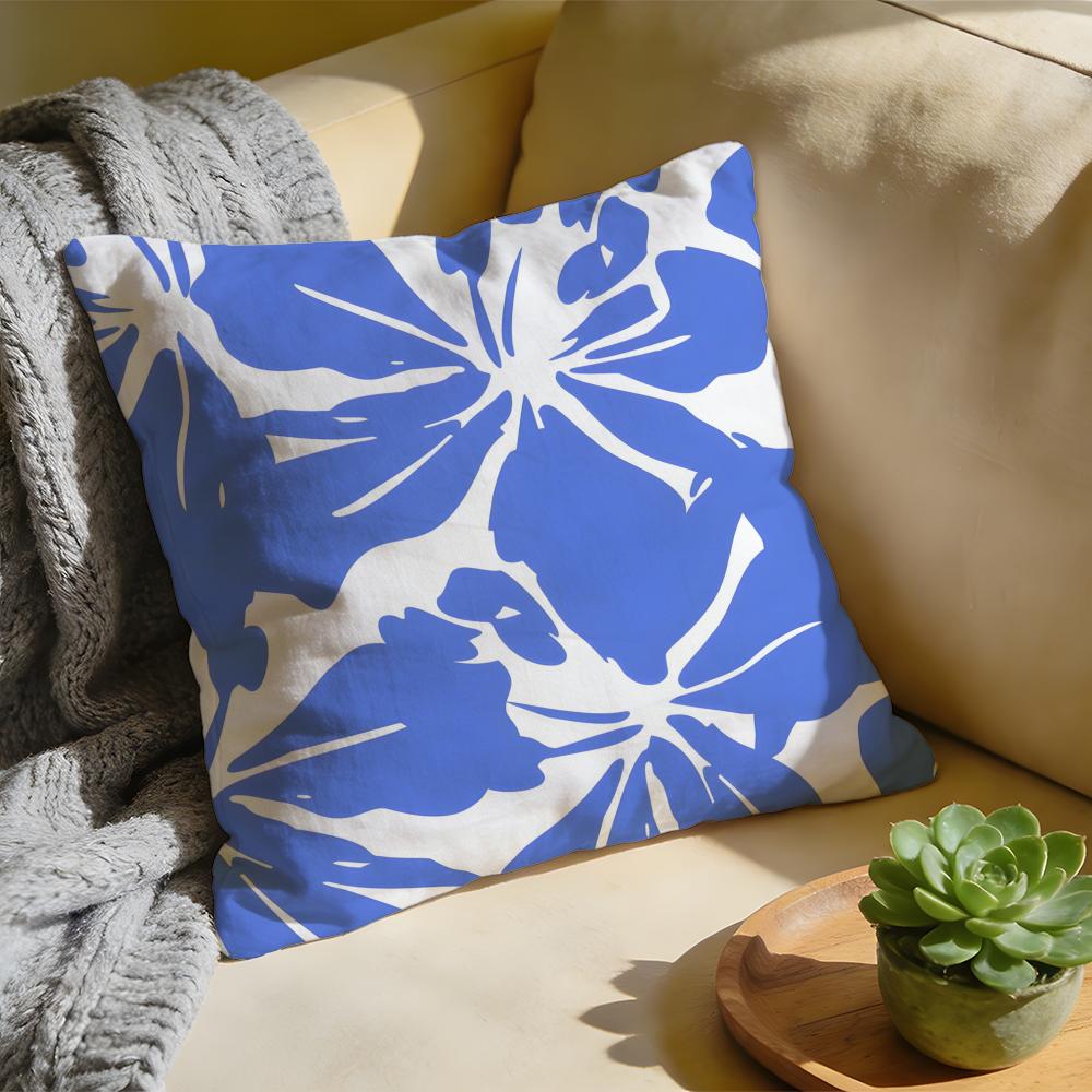 Cushion Cover Washed Linen Soft Breathable Decorative Case for Sofa Home Pillow Cover Elegant Blue Floral