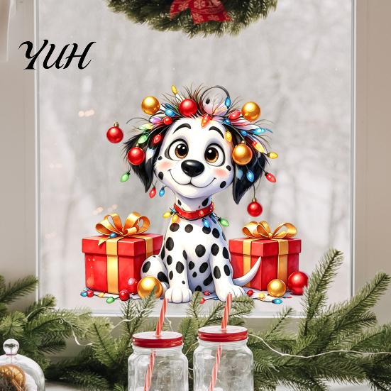 Waterproof PVC Window Decorations Christmas Spotted Puppy/Penguin Static Sticker, Cute Watercolor Animal Glass Stickers with Colorful Lights