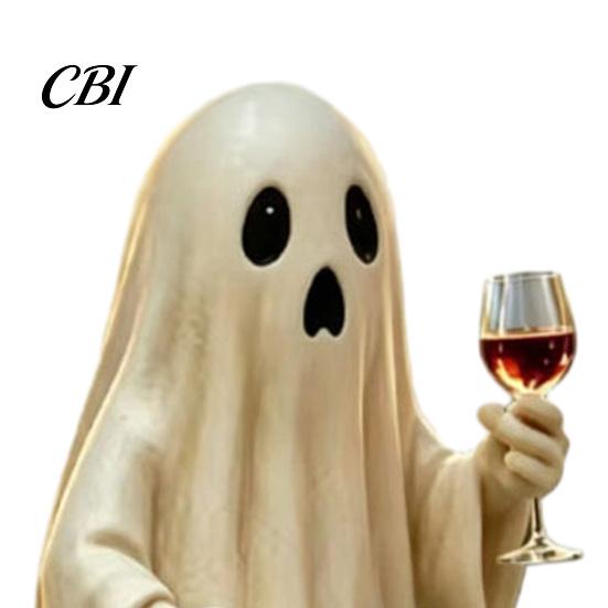 Halloween Bar Decor Piece Ghost Skeleton Figurine, Spooky Drunk Holding Wine Glass Resin Sculpture, Gothic Desk Unique Party for Bookshelf,