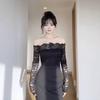 Retro Pure Desire One-word Shoulder Lace Splicing Dress Women's New Sexy Long-sleeved Hip-wrapped Long Skirt