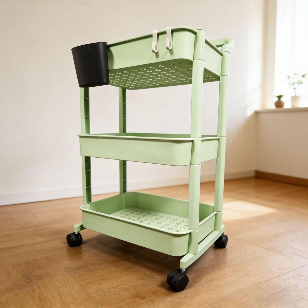 Compact Rolling Trolley: Floor-Standing Multi-Layer Storage Rack for Living Room & Snacks.
