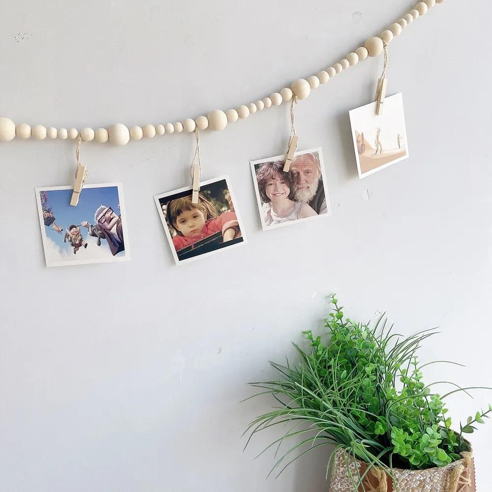 Wall Hanging Picture Holder Wooden Beads Photo Shelf Frame String Rustic Photo Display  Living Room