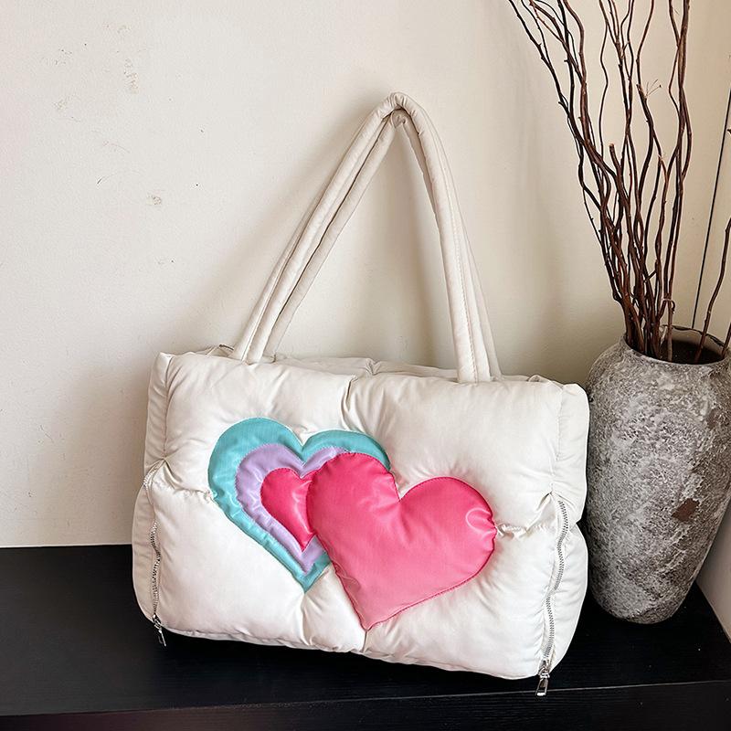 2025 New Down Bag Women's Large-capacity Large Bag Love Fluffy Cute Portable Shoulder Bag Tote Bag
