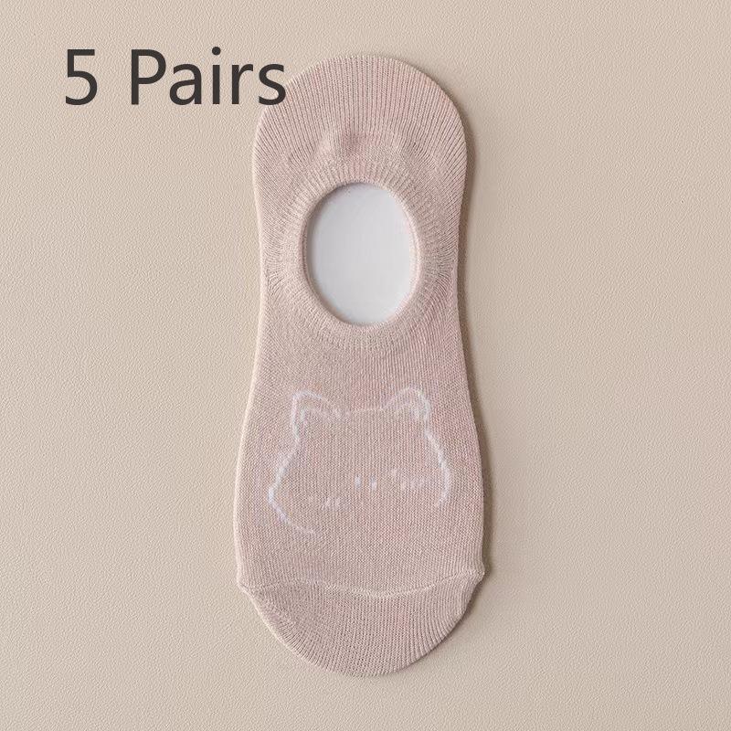 5 Paar Damen Anti-Rutsch und Nicht-Abfallende Bootssocken, Sommer Dünn und Trendy Flach Anti-Rutsch Silikon Cartoon Bär Unsichtbare Socken