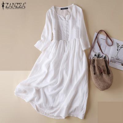 Vestido feminino casual de algodão com decote em O e manga comprida de verão