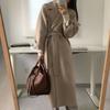 Women Lapel Wool Blend Coat Belted Waist Long Maxi Coat Loose Casual Elegant Winter Outerwear Wool Overcoat