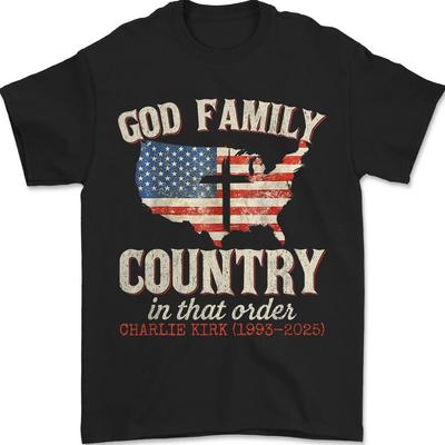 Gott Familie Land in dieser Reihenfolge, Charlie Kirk T-Shirt Amerikanische Flagge Retro-Shirt