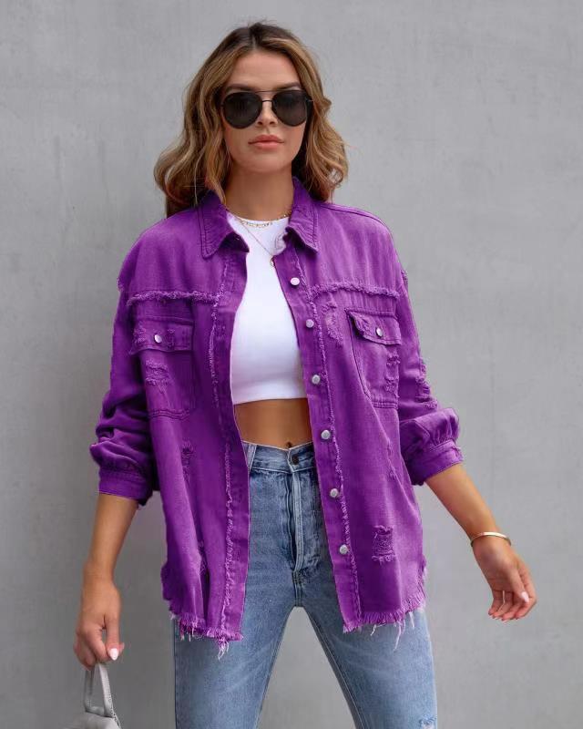 New Long-edged Ripped Denim Jacket Women's Autumn and Winter Long-sleeved Casual Lapel Top