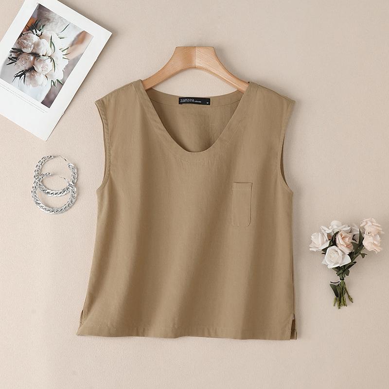 

ZANZEA Женские повседневные летние хлопковые майки без рукавов с V-образным вырезом 3XL хаки