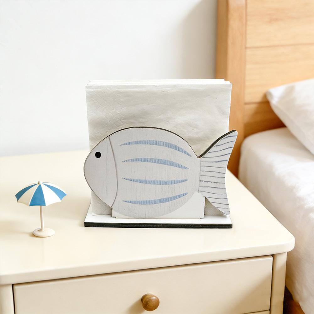 Ocean Blue Striped Fish Pattern Wooden Tissue Box Mediterranean Style Kitchen Desktop Napkin Holder