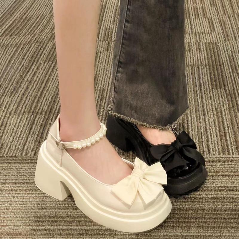 Mary Jane small leather shoes women's spring new thick-soled heightening bow with skirt thick heel high heel single shoes