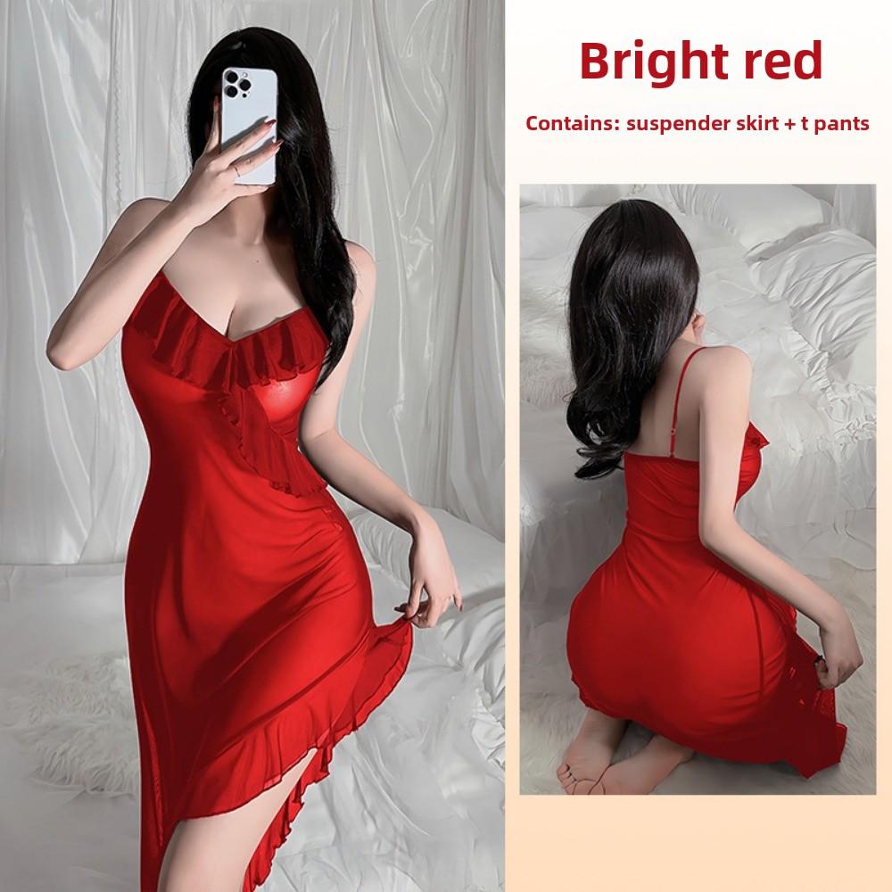 Style Suspender Nightgown Sexy Charming Ruffle Bottom Swing Split Pajamas Loungewear