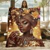 1pc African Queen Jewelry Gold Headdress Fleece Blanket Luxury Fashion Portrait Art Print Throw Cover Decor Gift for Women
