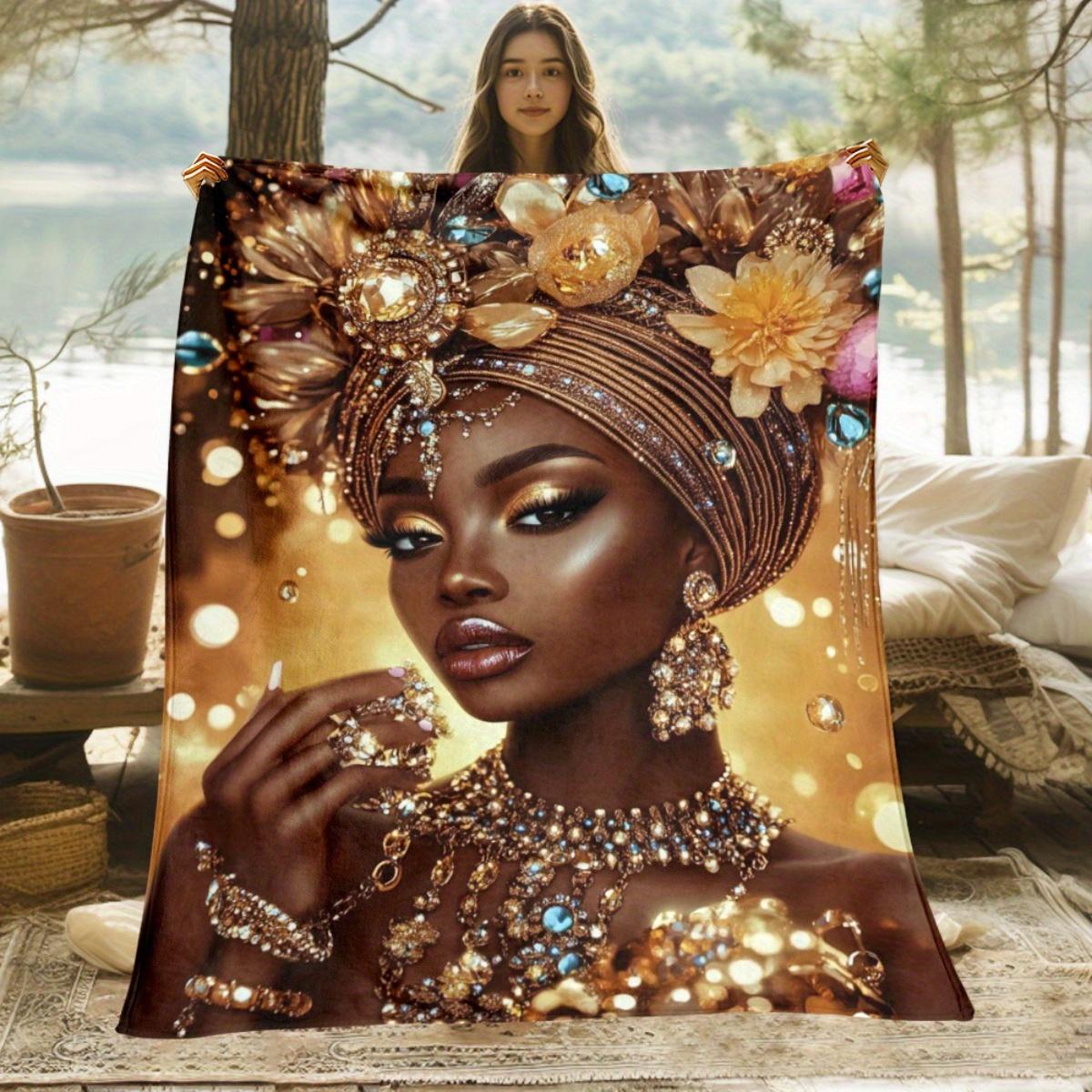 

1pc African Queen Jewelry Gold Headdress Fleece Blanket Luxury Fashion Portrait Art Print Throw Cover Decor Gift for Women 75x100cm (30x40inch)