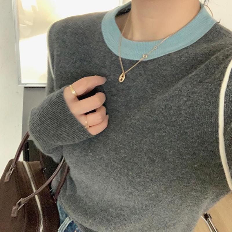 

Premium Color Block Round Neck Knit Base Layer Women Spring Autumn Slim Pullover Sweater Long Sleeve Top One Size серый