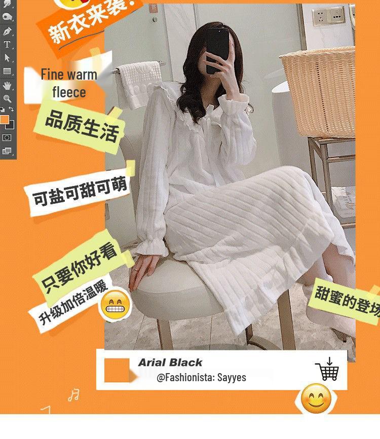 Sweet Flannel Princess Pajamas: Mid-Length Korean-Style Loose Coral Fleece Sleep Dress