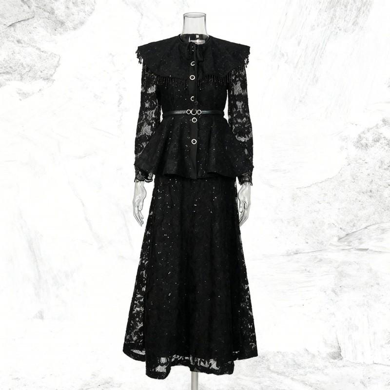 Court Style Lace Embroidery Solid Color Suit Large Lapel Waist Ruffled Top + A-shaped Long Dress