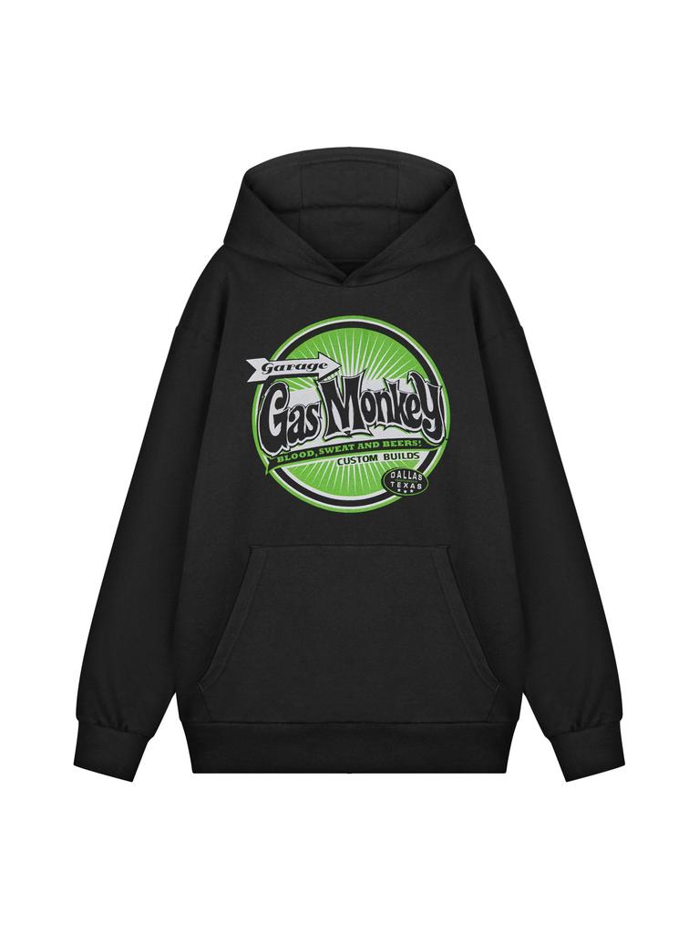 Gas Monkey Mens Hoodie | Adults Blood, Sweat and Beers Graphic Hooded Sweatshirt in Black | Distressed American Garage Mechanic Motors Casual Fit Appa