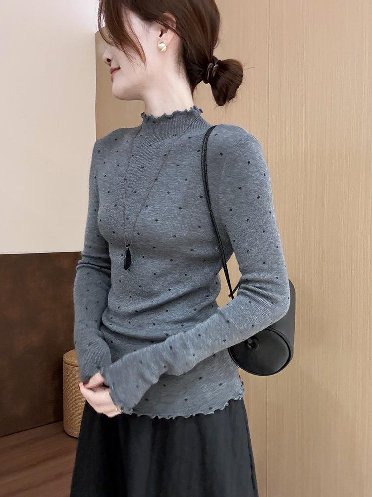 

Polka Dot Color Block Ruffle Knit Sweater - Women s Long Sleeve Half-High Collar for Autumn/Winter Small