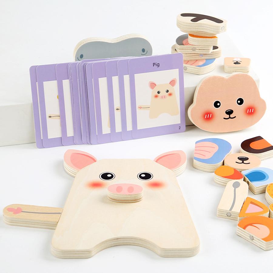 

Children Wooden Montessori Educational Toys Animal Emotion Change Face Building Blocks Logic Training Puzzle Game for Kids Gift