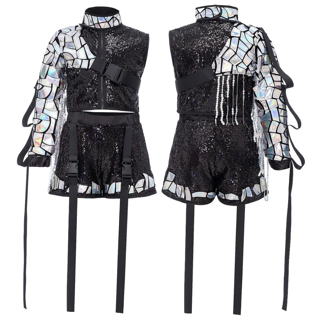 Completo Hip Hop Danza Bambini Top Corto Senza Maniche Zip Up Laccato Paillettes Shorts Set Maniche con Nappe Staccabili