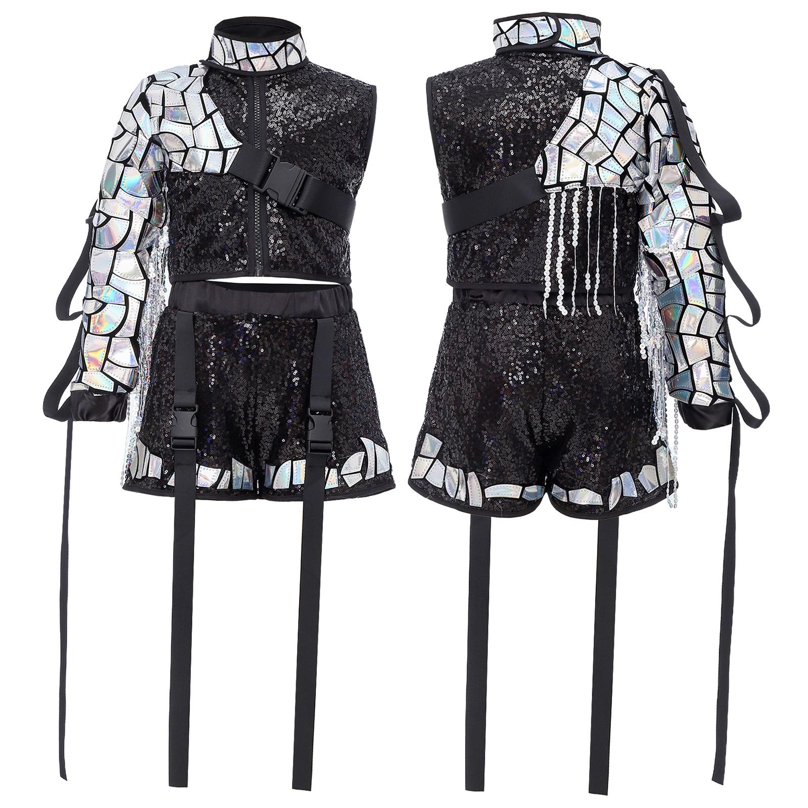 

Kids Hip Hop 3Pcs Dance Set Shiny Sequins Sleeveless Zip Up Crop Top with Shorts and Detachable Tassel Sleeve for Street Dance Performance 10-11 Years чорний