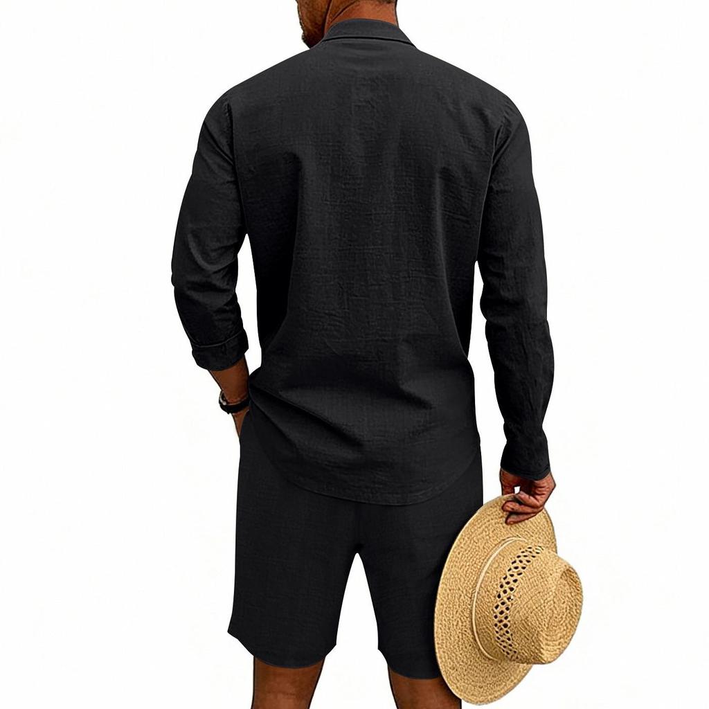 Men's Linen Summer Casual Long-Sleeve Polo Shirt and Shorts Set