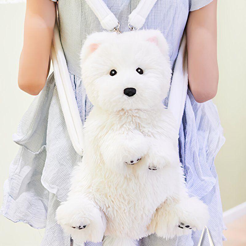 JIAERDI Plush Sweet Cute Dog White Backpack Women Harajuku Realistic Puppy Mini Backpacks Ladies Soft Animal Mochilas Mujer