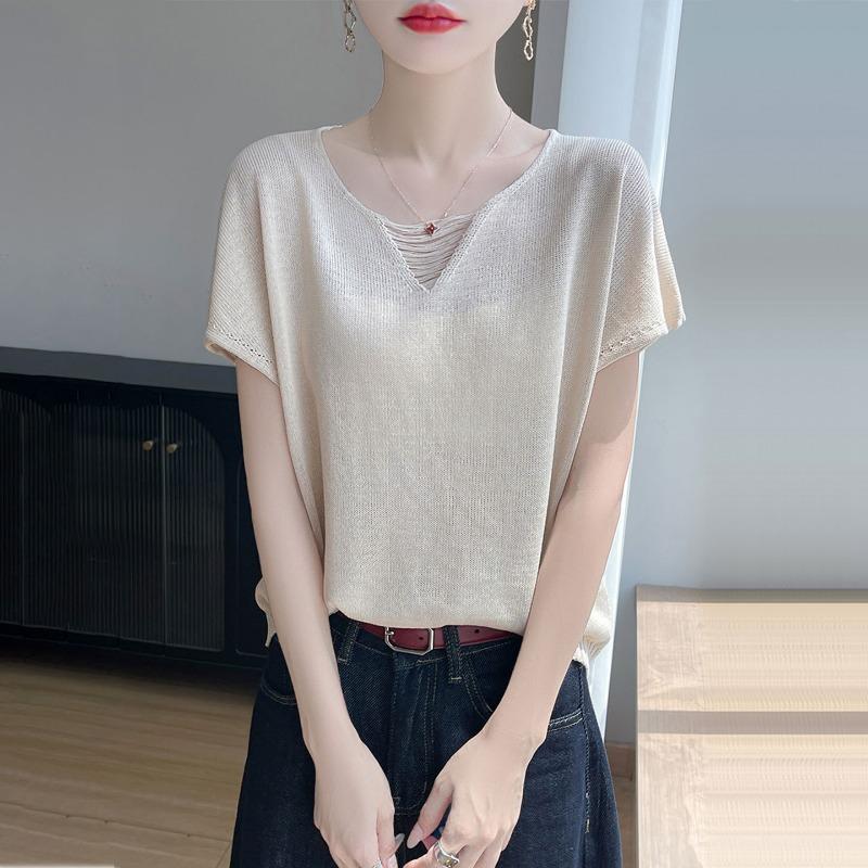 

Women Beige V Neck Hollow Out Short Sleeve Loose Casual Knit Top S бежевий