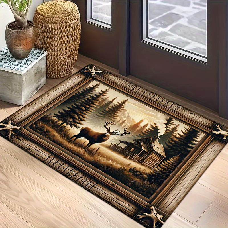 Non-slip Reindeer Carpet Forest Cabin Design Floor Mat Wood Grain Border Living Room Bedroom Kitchen Laundry Room Office Rug