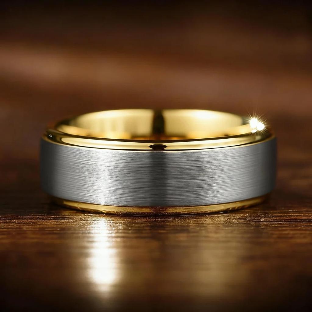 8mm Silver Color Brushed Stainless Steel Rings for Men Gold Color Step Edge Men Promise Rings Wedding Party Jewelry Gift