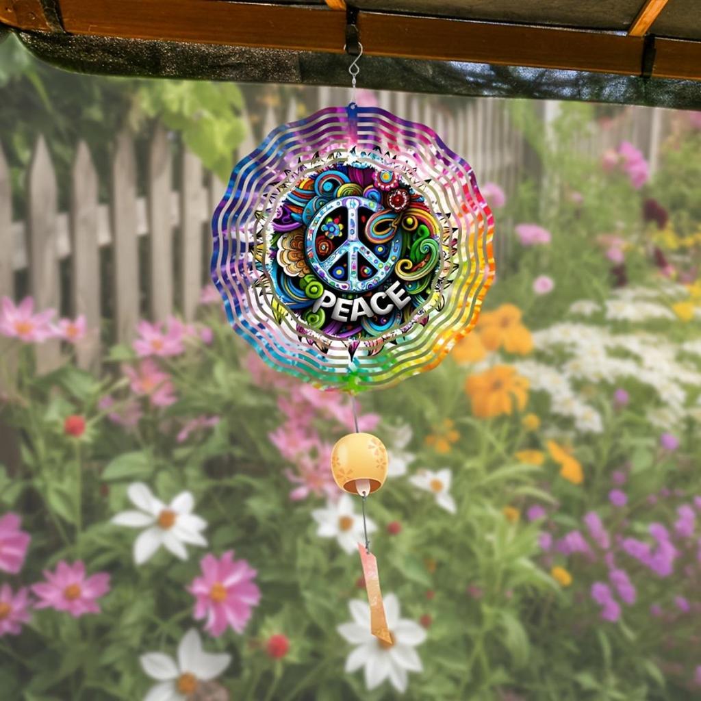 25.4cm Metal Wind Spinner 360° Rotating Hook Laser-Cut Floral Peace Symbol Outdoor Garden Decor Holiday Ornament