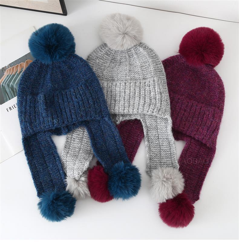 Winter Korean Thickened Hairball Ear Protection Knitted Bomber Hat Women Simple Casual Windproof Warm Small Face Wool Beanie Cap