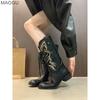 Chunky Heeled Retro Knight Boots Western Cowboy Lace Up Mid-Calf PU Leather 2026 Autumn Boots for Women Brown Black Size 35-42