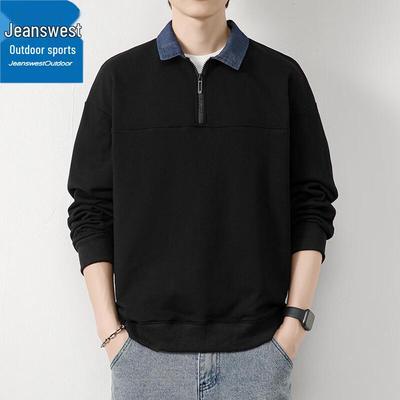 Jeanswest Men's Casual Lapel Long Sleeve Polo Sweatshirt