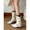 Pointed Thick Heel White Short Boots Women's British Style Belt Buckle Martin Boots Temperament Medium Tube Pile Boots