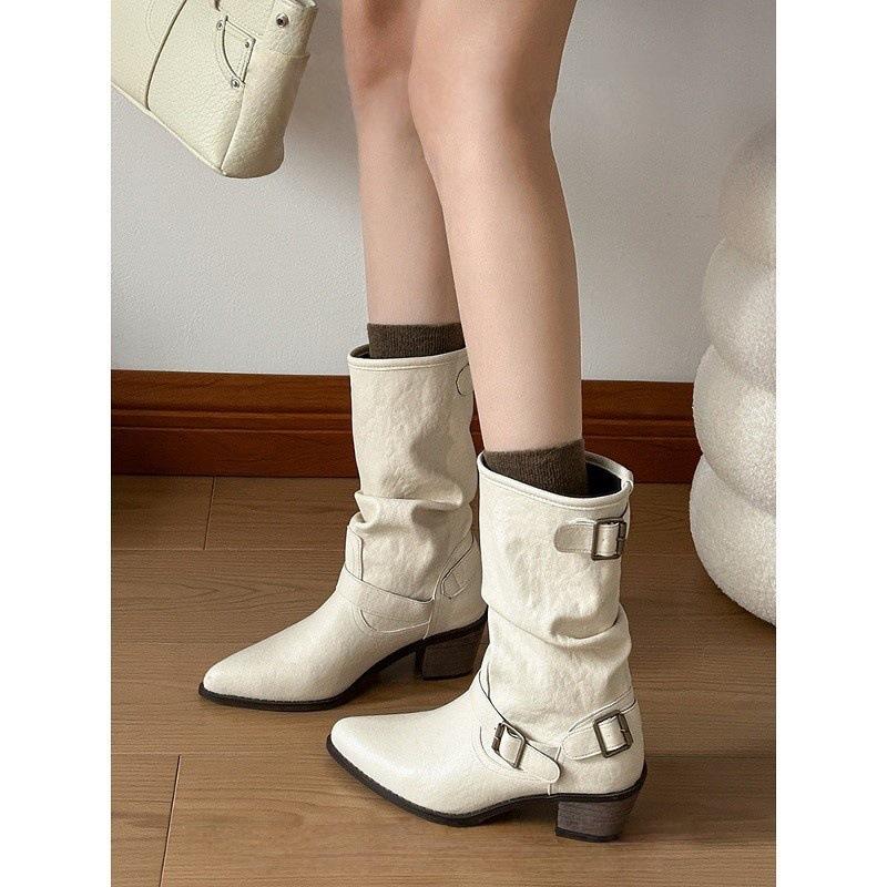 Pointed Thick Heel White Short Boots Women's British Style Belt Buckle Martin Boots Temperament Medium Tube Pile Boots
