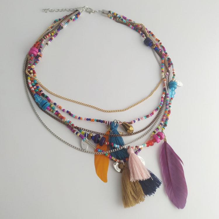 Bohemian Multi-layer Beaded Feather Necklace - Handmade European & American Style Jewelry